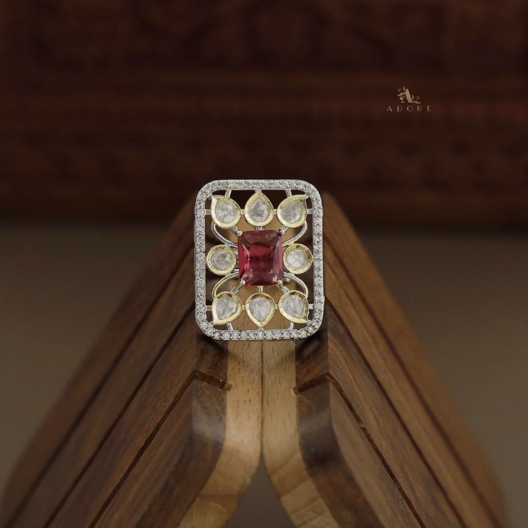 Dual Tone Rectangle Glossy Kundan Ring