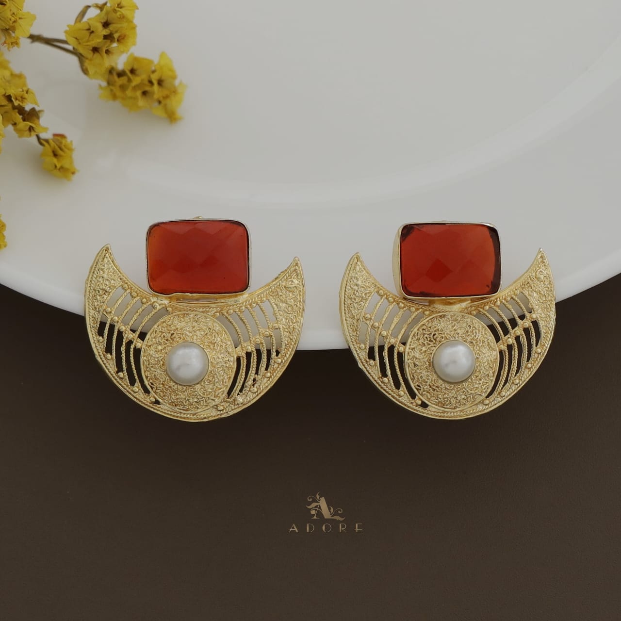 Golden Crescent Pearl Glossy Rectangle Earring