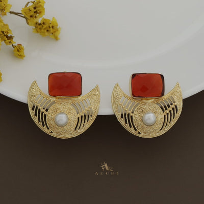 Golden Crescent Pearl Glossy Rectangle Earring