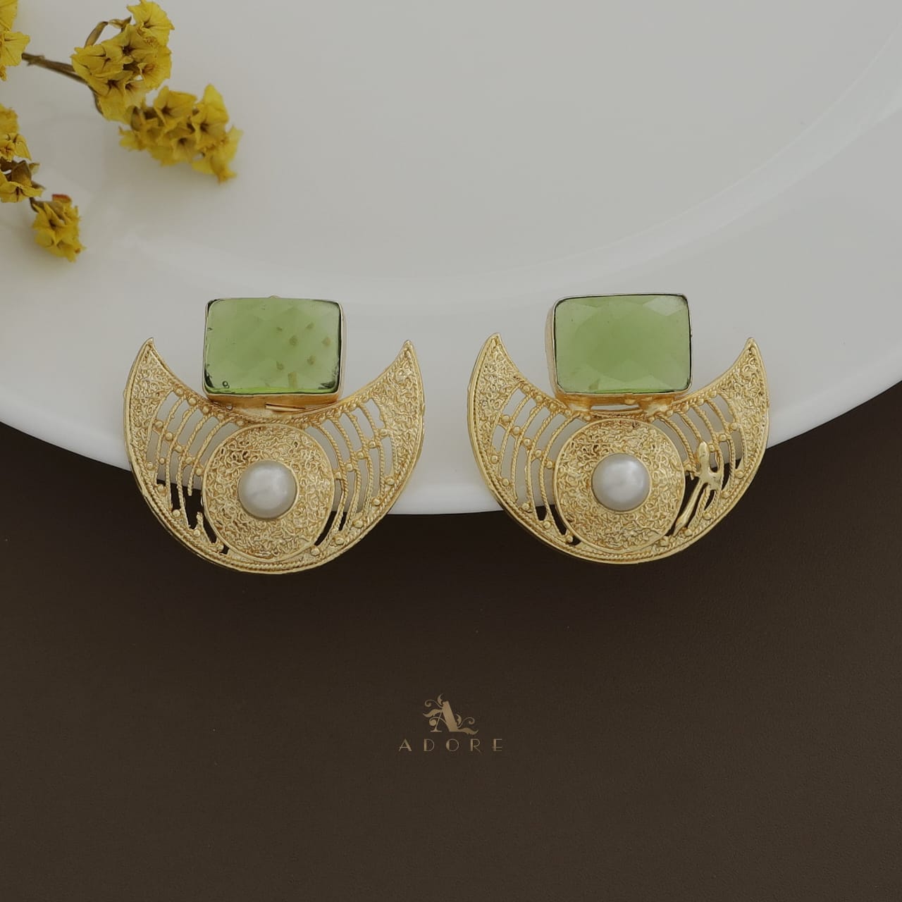 Golden Crescent Pearl Glossy Rectangle Earring