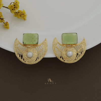 Golden Crescent Pearl Glossy Rectangle Earring