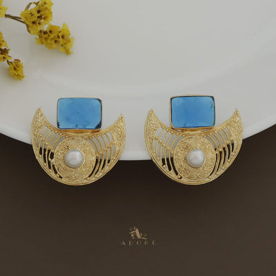 Golden Crescent Pearl Glossy Rectangle Earring