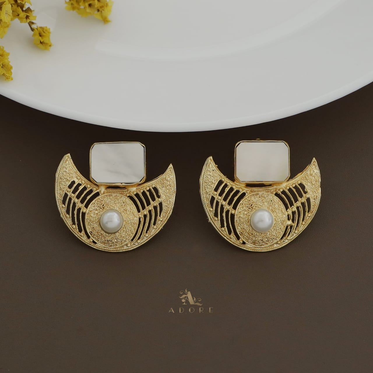 Golden Crescent Pearl Glossy Rectangle Earring
