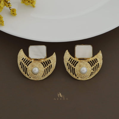 Golden Crescent Pearl Glossy Rectangle Earring