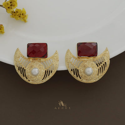 Golden Crescent Pearl Glossy Rectangle Earring
