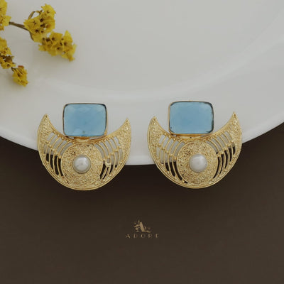 Golden Crescent Pearl Glossy Rectangle Earring