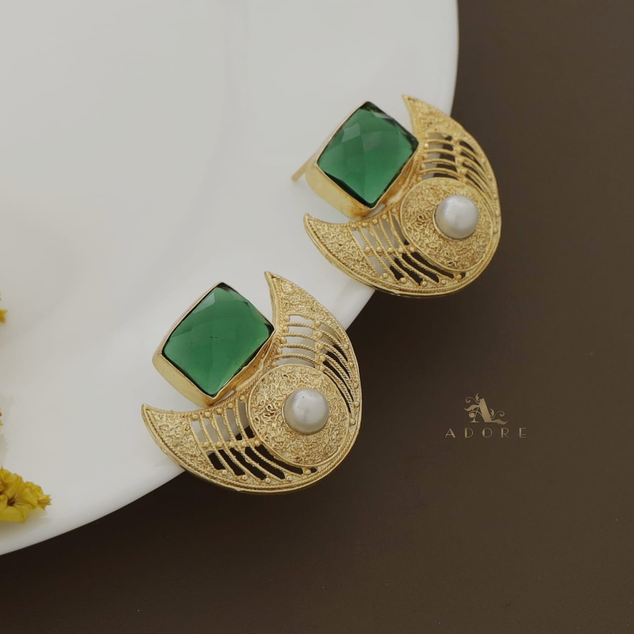 Golden Crescent Pearl Glossy Rectangle Earring