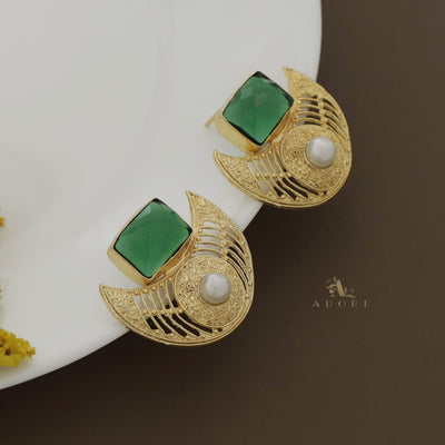 Golden Crescent Pearl Glossy Rectangle Earring