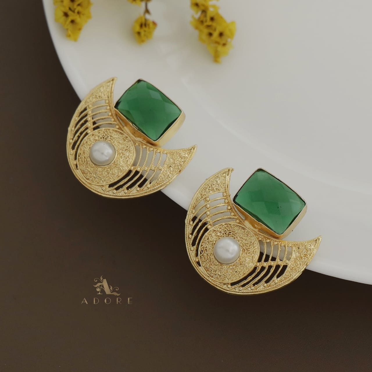 Golden Crescent Pearl Glossy Rectangle Earring