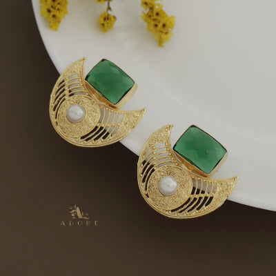 Golden Crescent Pearl Glossy Rectangle Earring