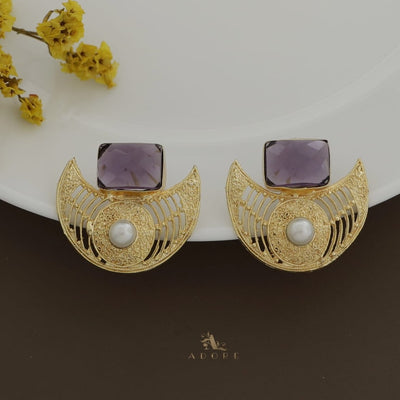 Golden Crescent Pearl Glossy Rectangle Earring