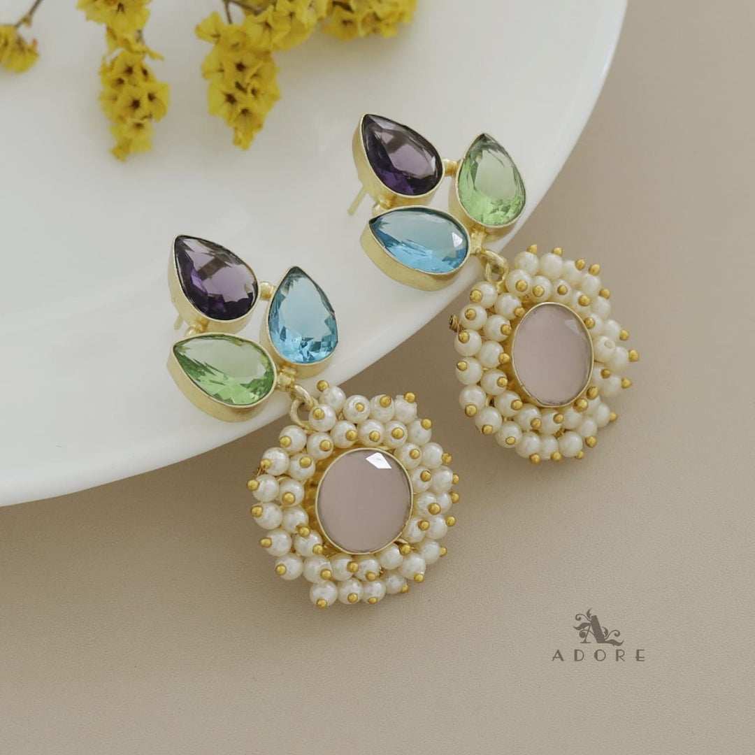 Tri Leafy Glossy Cluster Pearl Earring