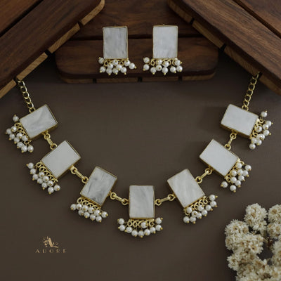 Alessandra MOP Rectangle Pearl Choker/Short Neckpiece With Earring