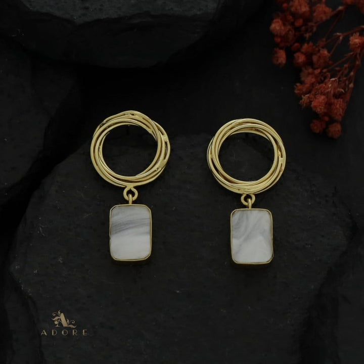 Golden Twisted Round Rectangle MOP Earring