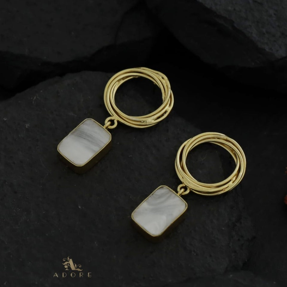 Golden Twisted Round Rectangle MOP Earring