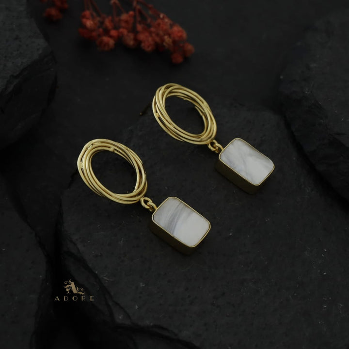 Golden Twisted Round Rectangle MOP Earring