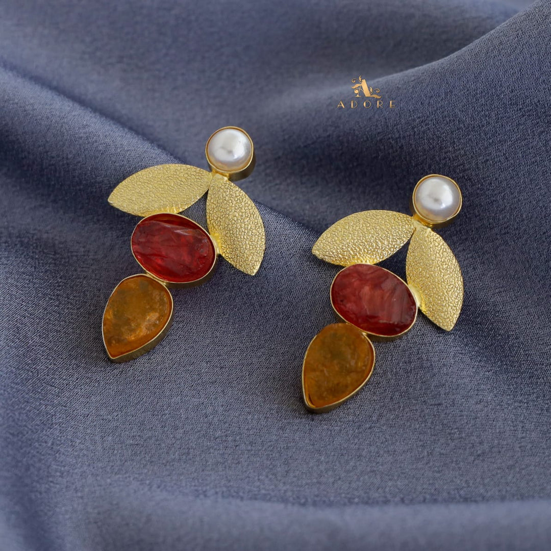 Pearl Leafy Oval + Drop Dyed Stone Earring
