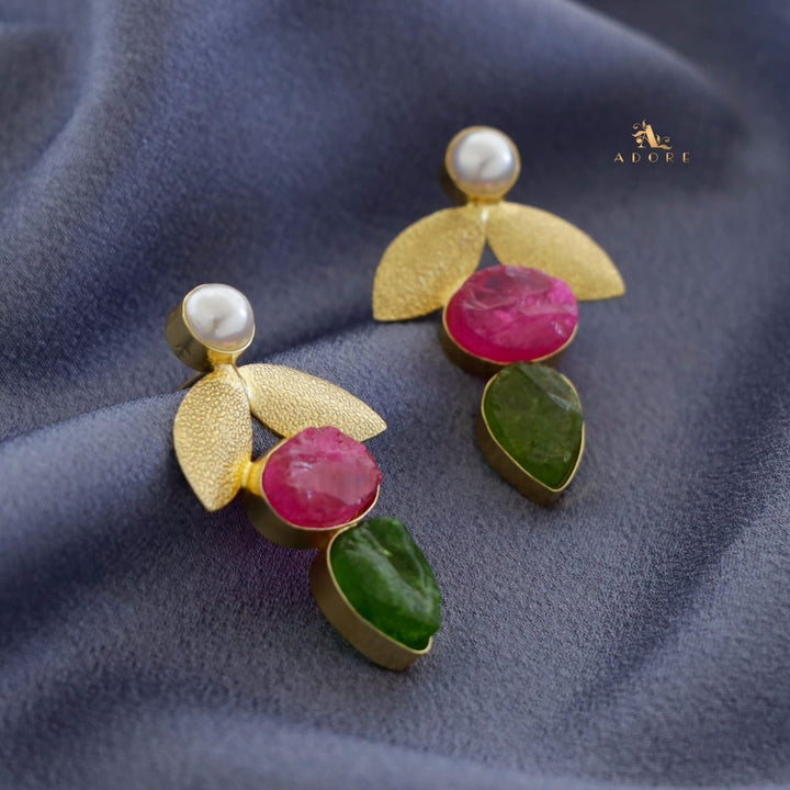 Pearl Leafy Oval + Drop Dyed Stone Earring