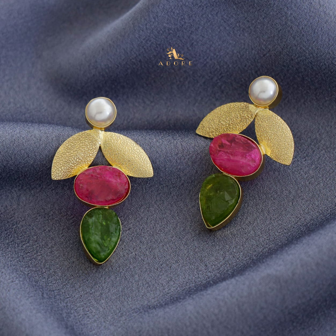 Pearl Leafy Oval + Drop Dyed Stone Earring