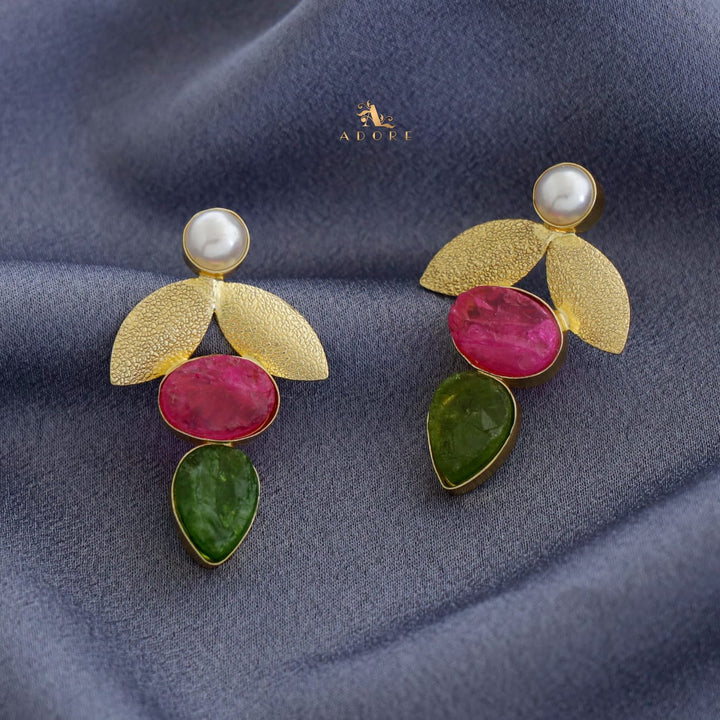 Pearl Leafy Oval + Drop Dyed Stone Earring