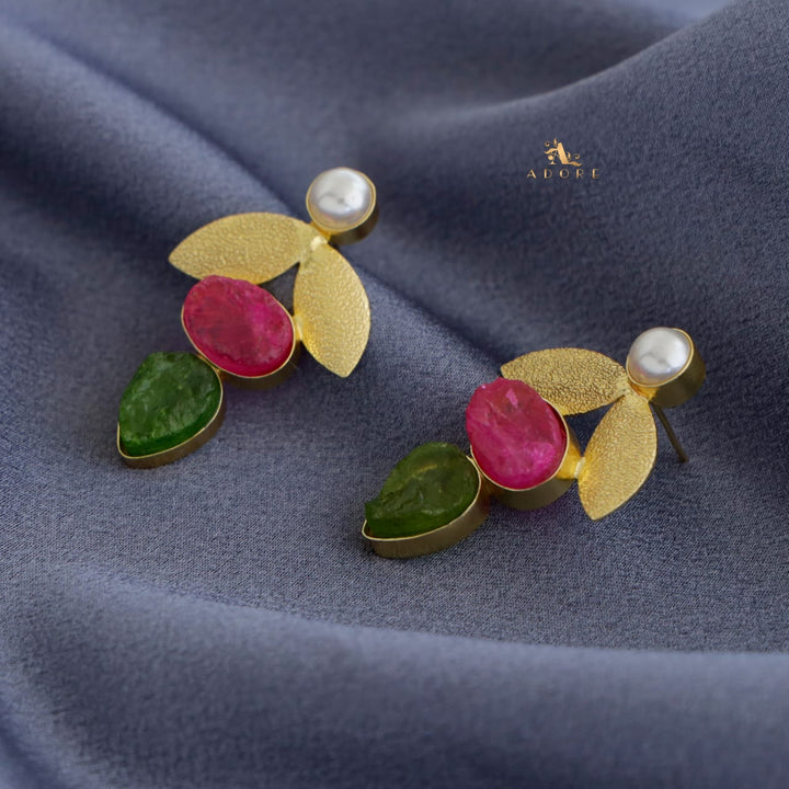 Pearl Leafy Oval + Drop Dyed Stone Earring