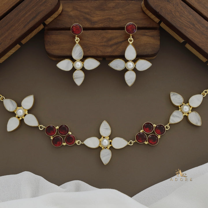 Flower MOP Pearl Glossy Choker With Earring
