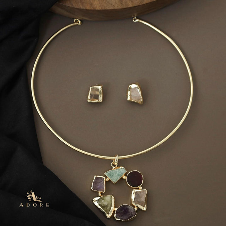 Raw Stone Golden Chakra Neck Cuff With Stud