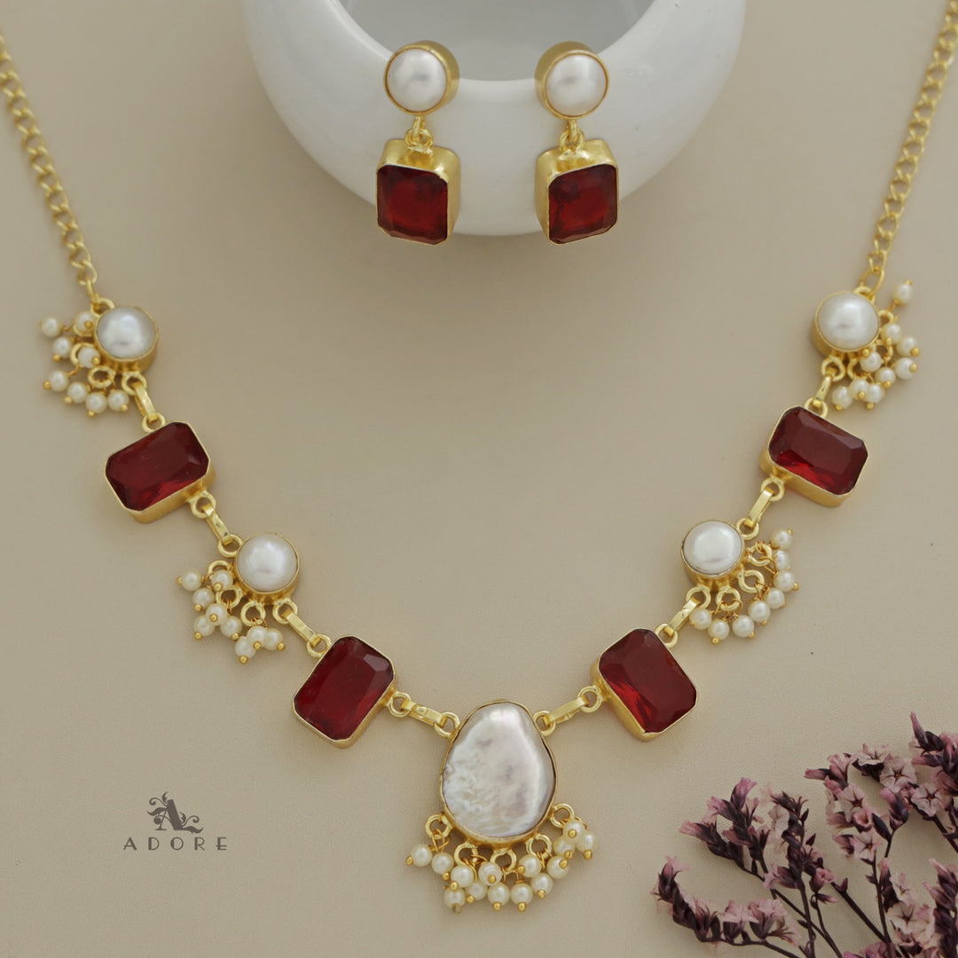 Pearly Baroque + Glossy Rectangle Neckpiece With Earring