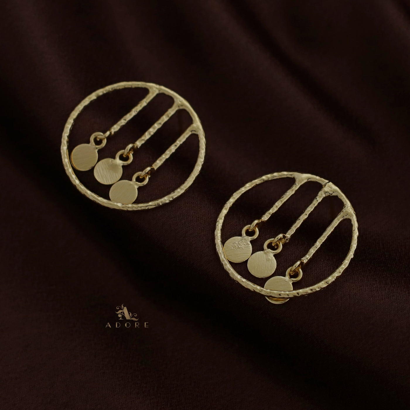 Golden Textured Circle And Tri Stem Coin Earring