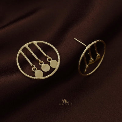 Golden Textured Circle And Tri Stem Coin Earring