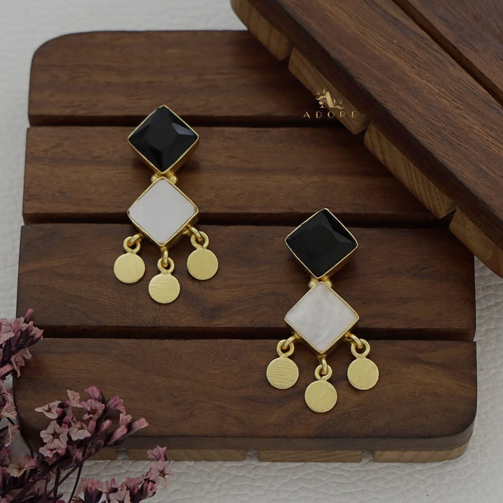 Glossy + MOP Diamond Coin Drop Earring