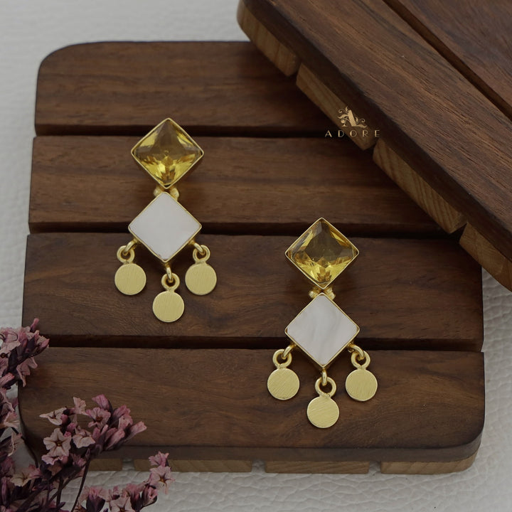 Glossy + MOP Diamond Coin Drop Earring