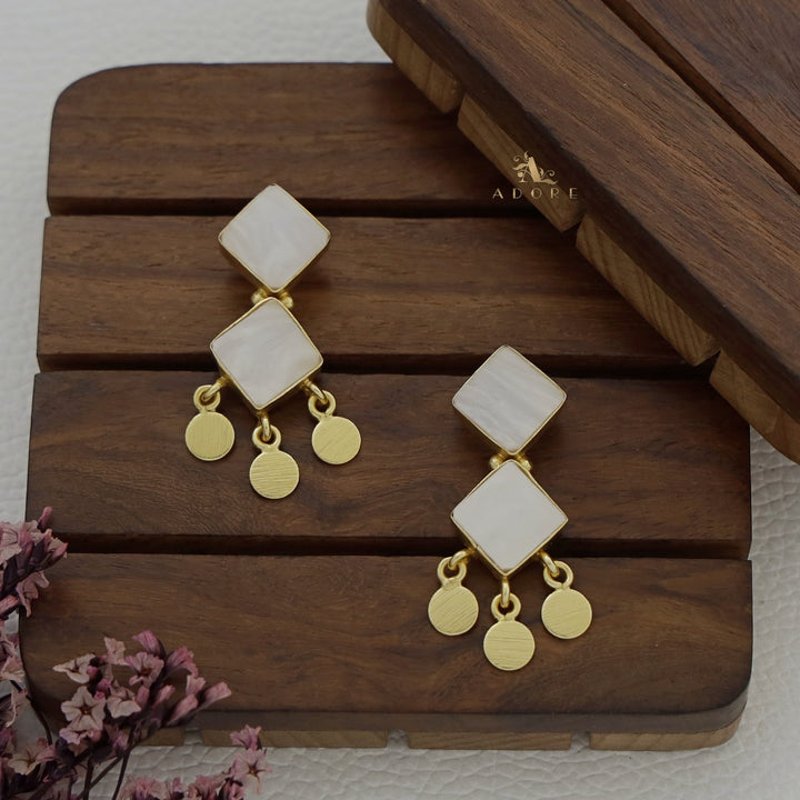 Glossy + MOP Diamond Coin Drop Earring