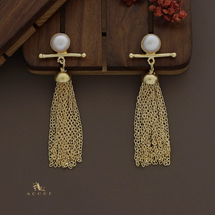 Golden Line Pearl Chainy Shower Earrings
