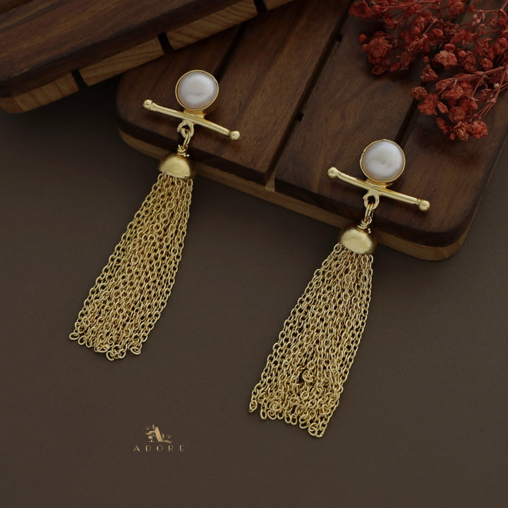 Golden Line Pearl Chainy Shower Earrings