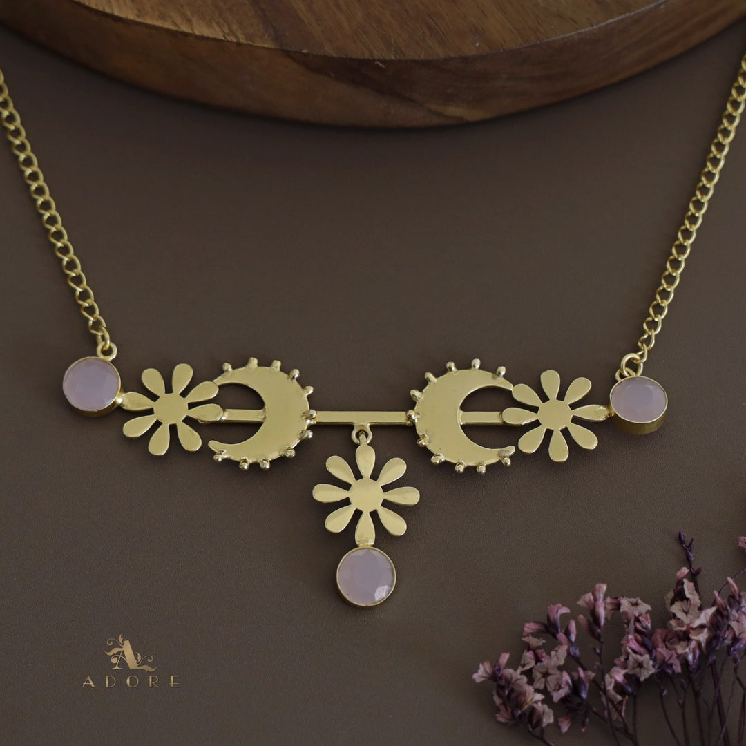 Golden Dotted Moon Midhila Flower Long Neckpiece