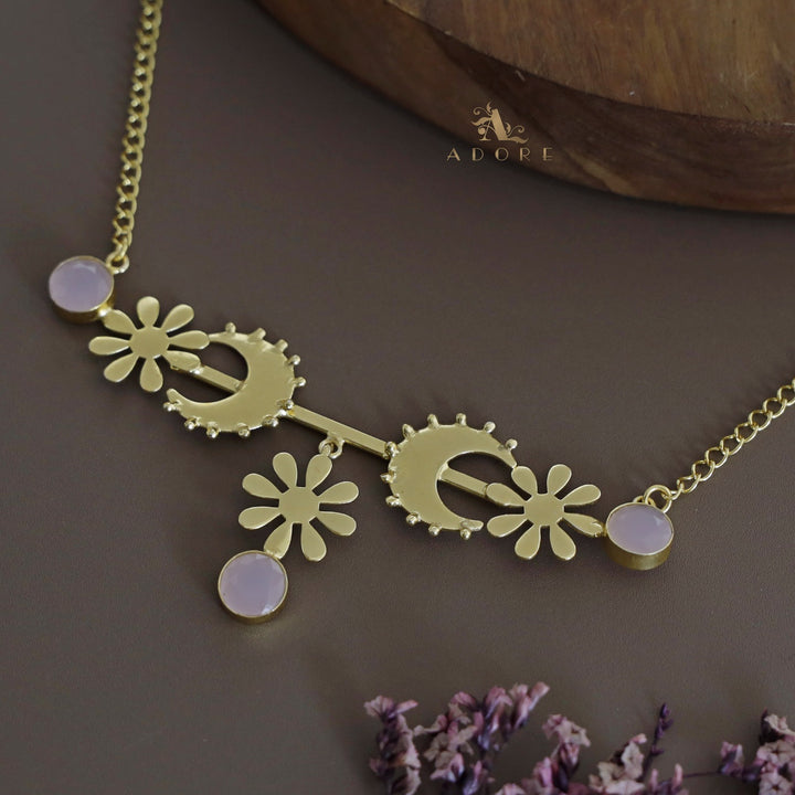 Golden Dotted Moon Midhila Flower Long Neckpiece