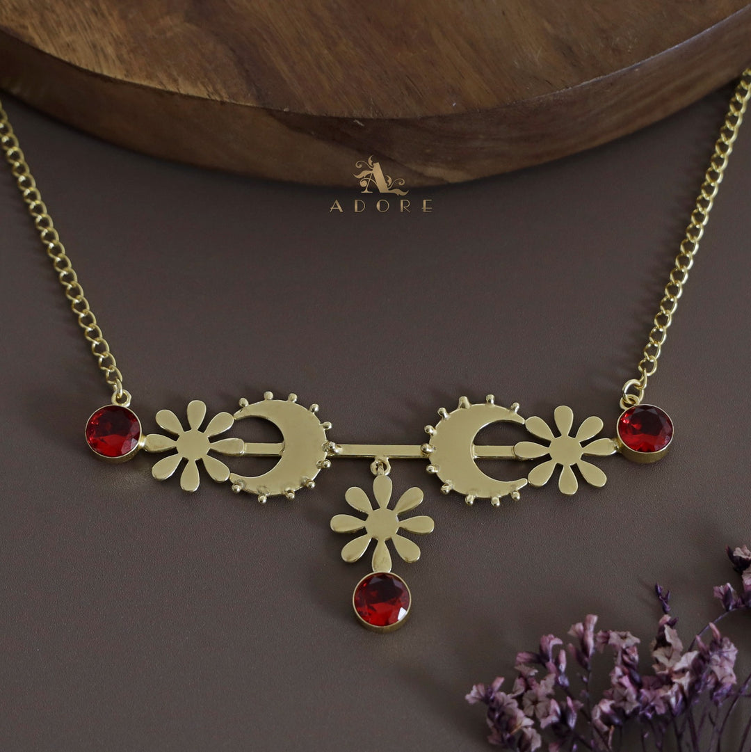 Golden Dotted Moon Midhila Flower Long Neckpiece