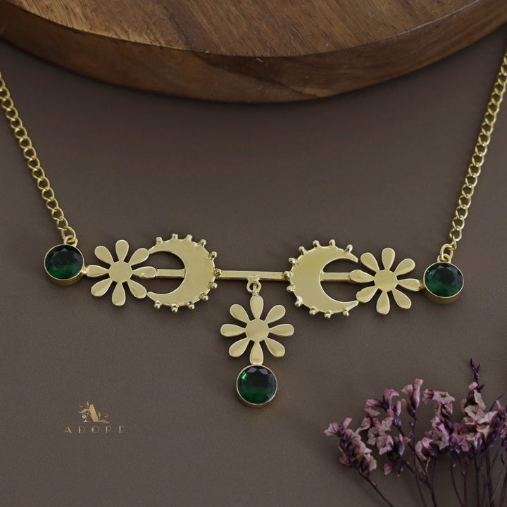 Golden Dotted Moon Midhila Flower Long Neckpiece