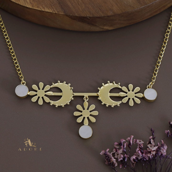 Golden Dotted Moon Midhila Flower Long Neckpiece