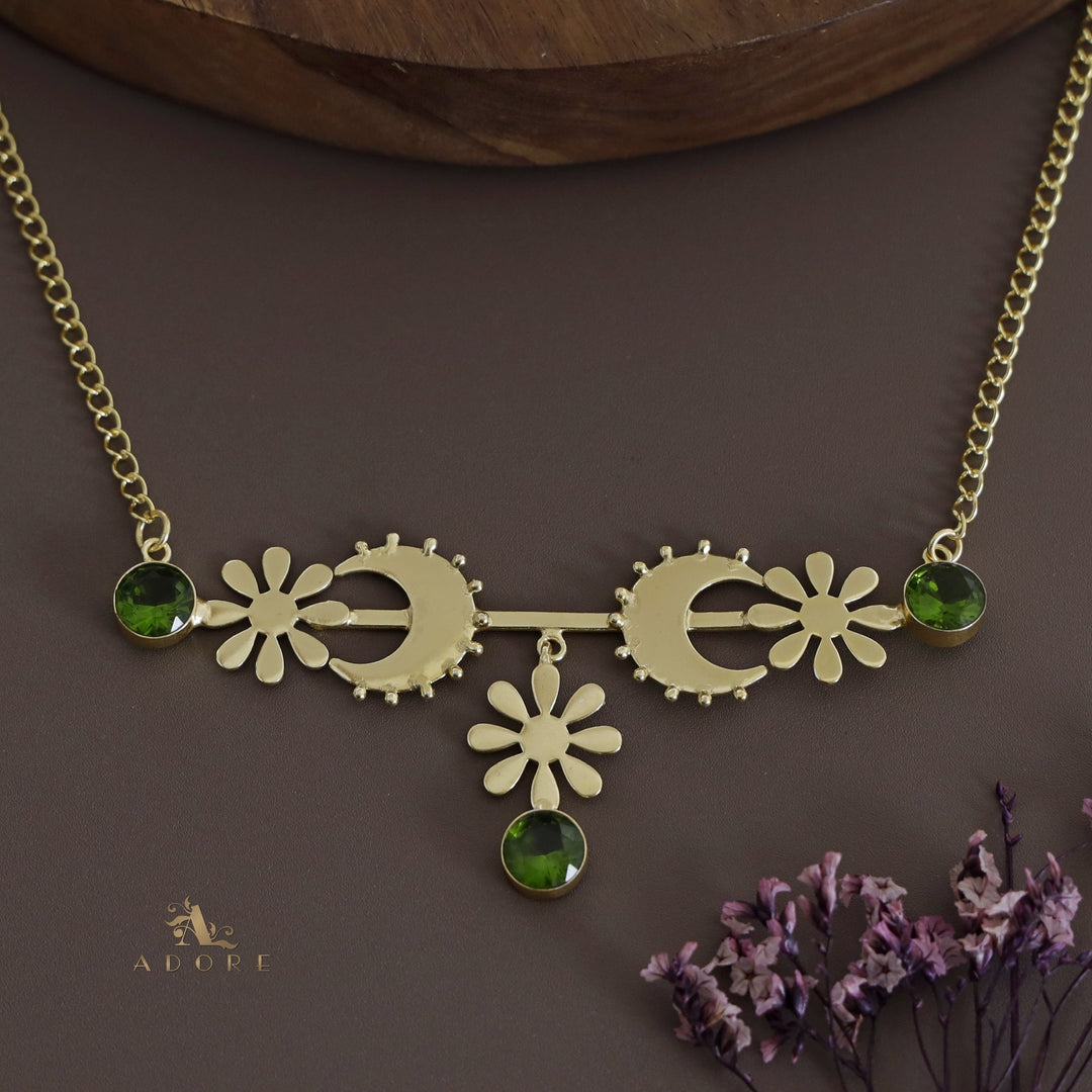 Golden Dotted Moon Midhila Flower Long Neckpiece