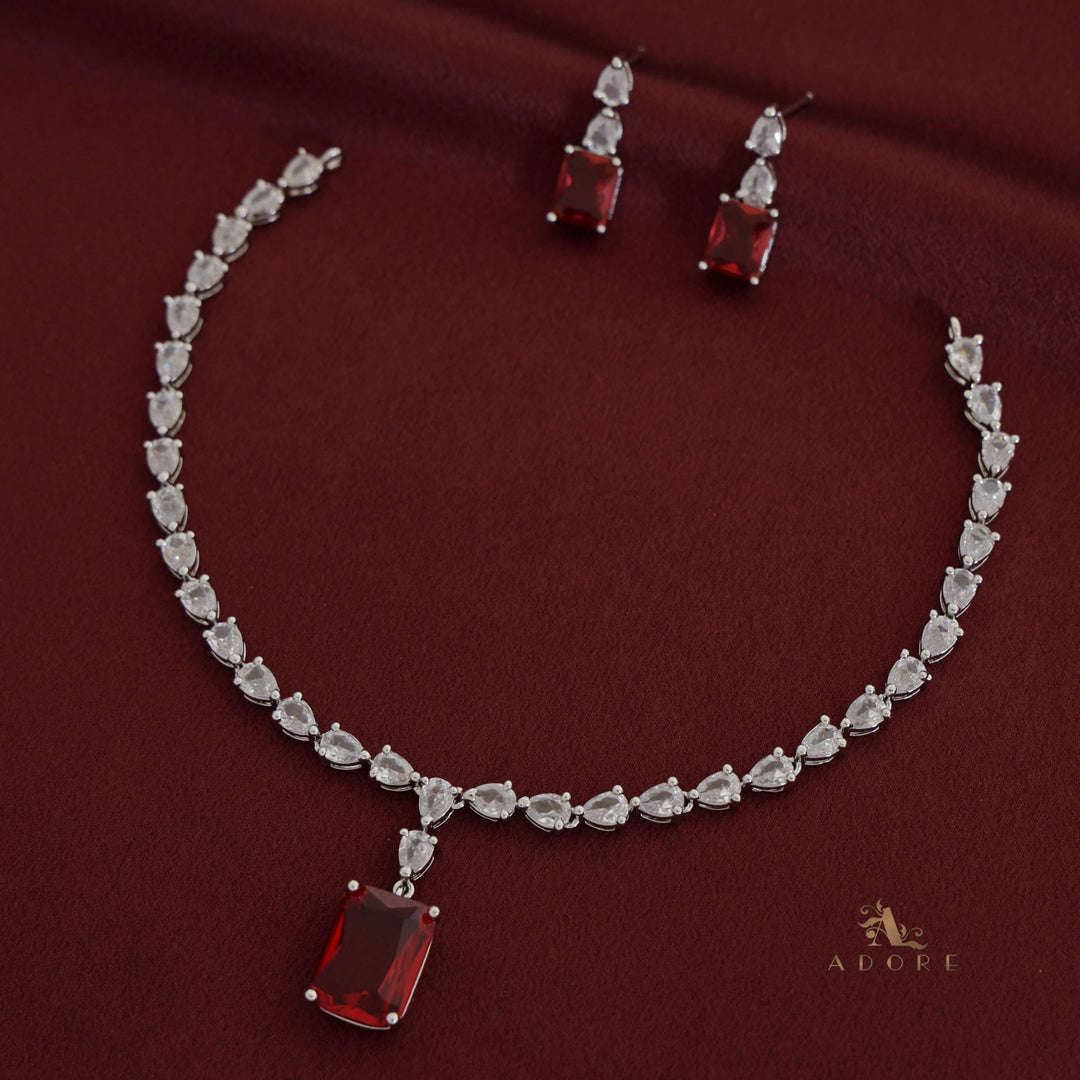 Silver Angelou Glossy Rectangle Drop Neckpiece With Earring