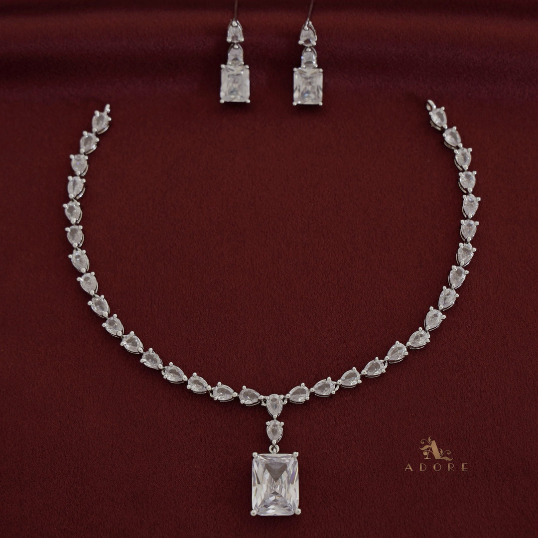 Silver Angelou Glossy Rectangle Drop Neckpiece With Earring