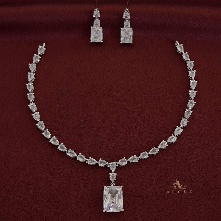 Silver Angelou Glossy Rectangle Drop Neckpiece With Earring