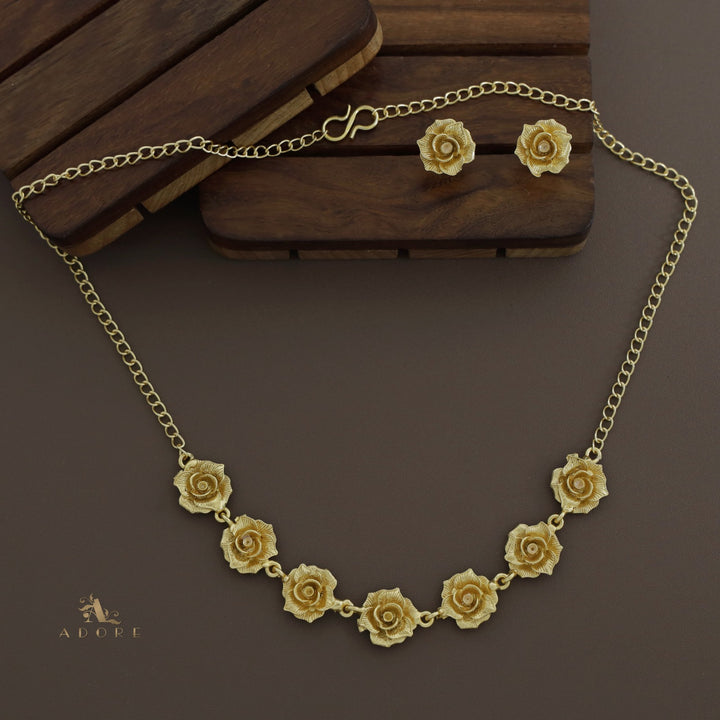 Golden Rose Flower Short Neckpiece With Stud