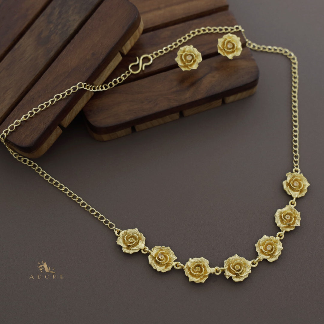 Golden Rose Flower Short Neckpiece With Stud