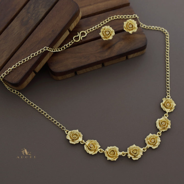 Golden Rose Flower Short Neckpiece With Stud