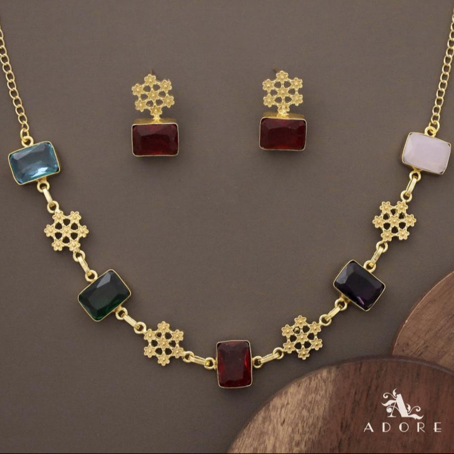 Multicolour  Louisa Rectangle Glossy Neckpiece With Earring