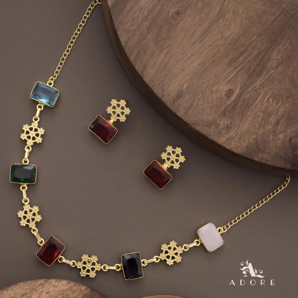 Multicolour  Louisa Rectangle Glossy Neckpiece With Earring