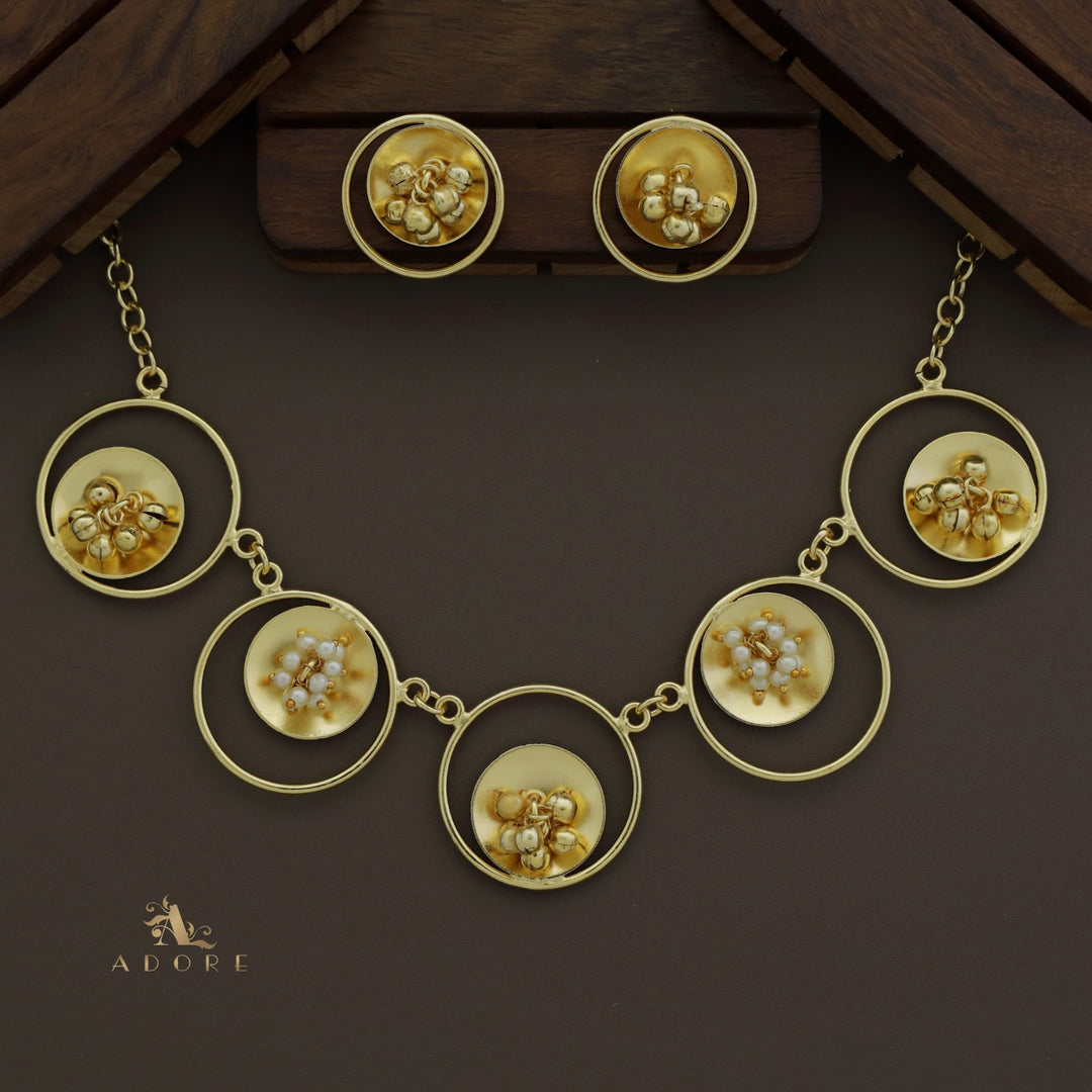 Golden Ghungroo Pearl Circle Neckpiece With Earring